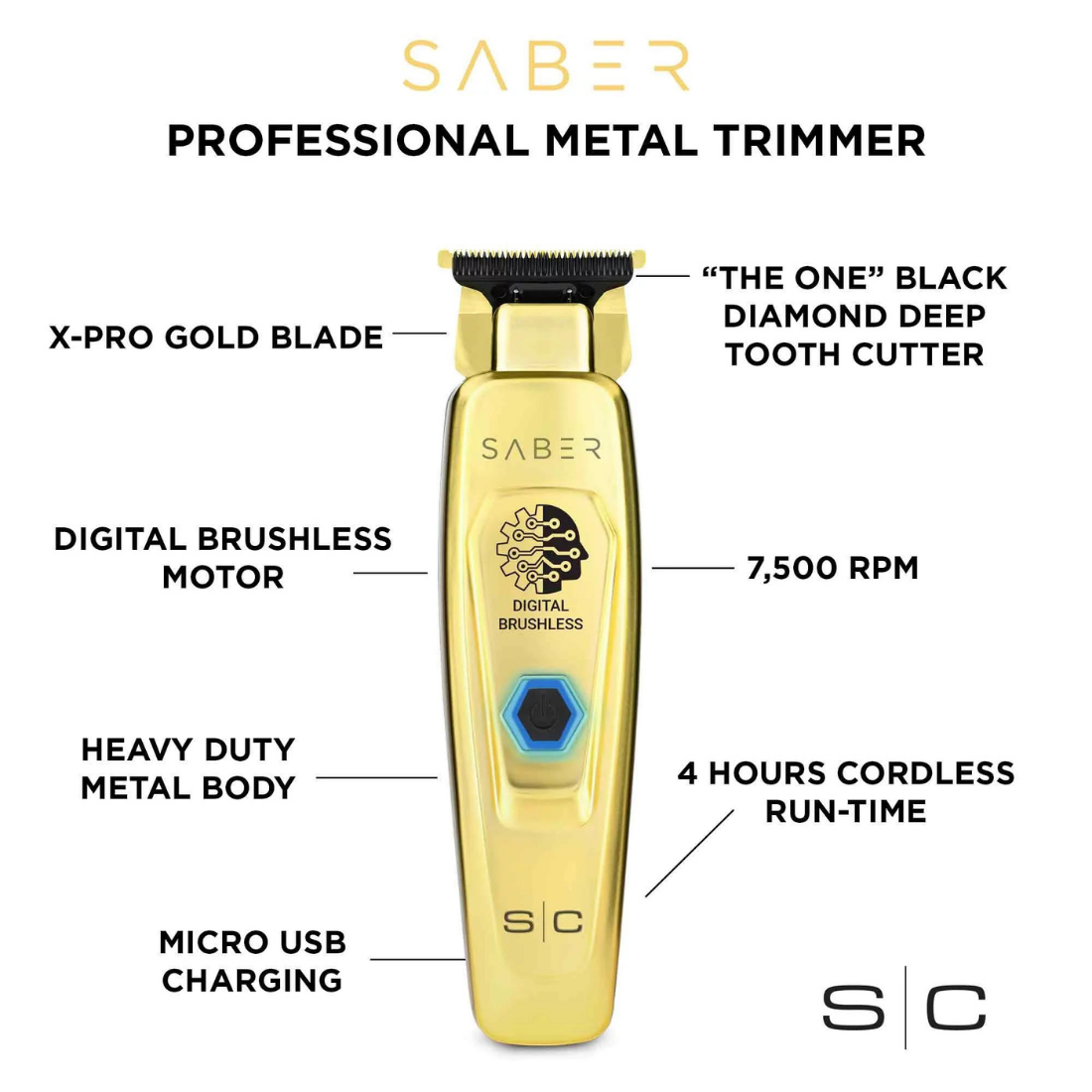 StyleCraft Gold Saber Trimmer - Professional Full Metal Body Digital Brushless Motor Cordless Hair Trimmer