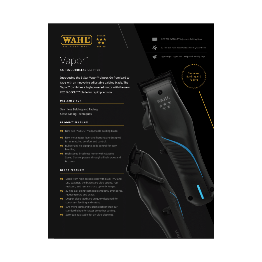 Wahl Professional Vapor Cordless Clipper with F32 FadeOut Blade