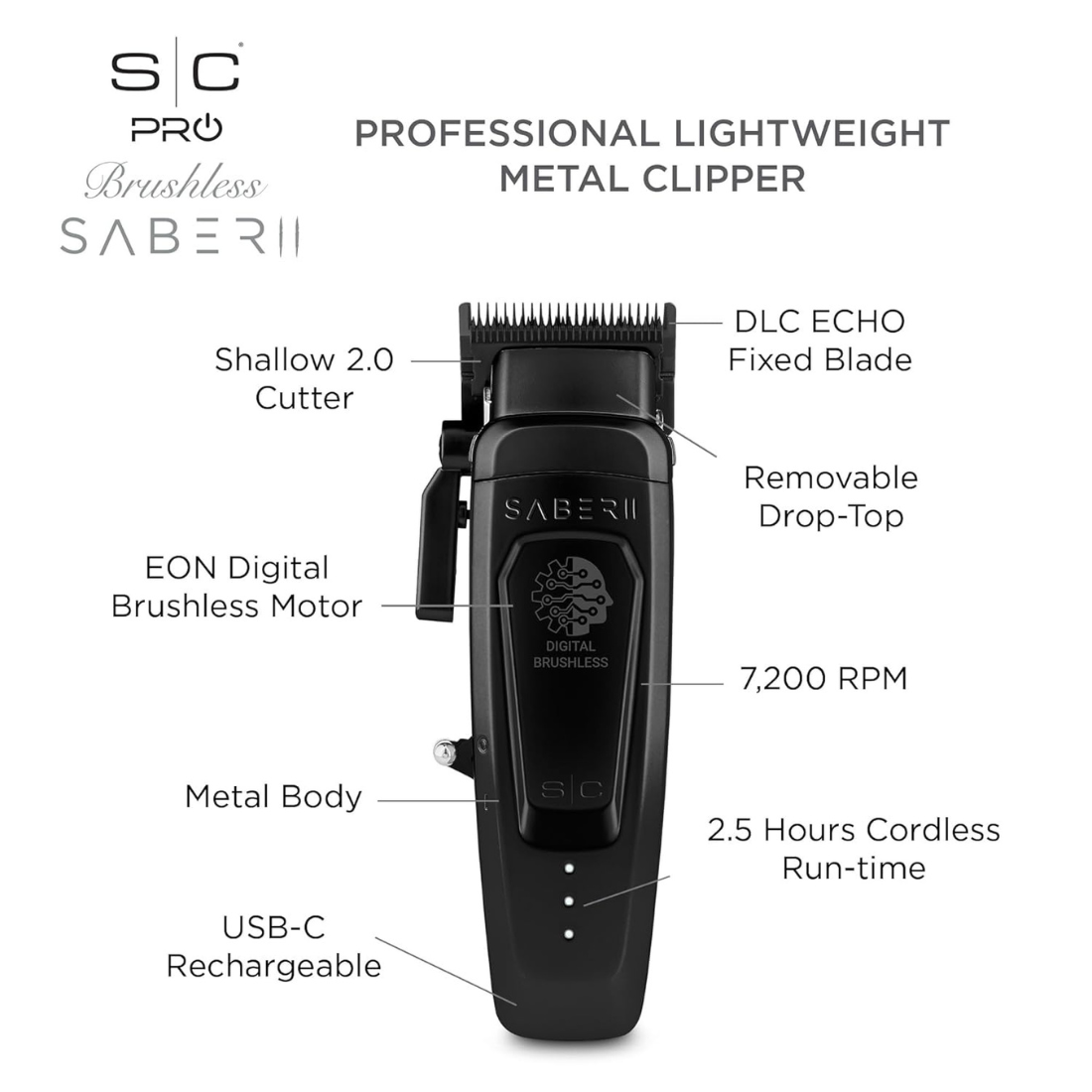 Saber 2 Professional Clipper - Modular Cordless Design with Brushless Motor (Black)