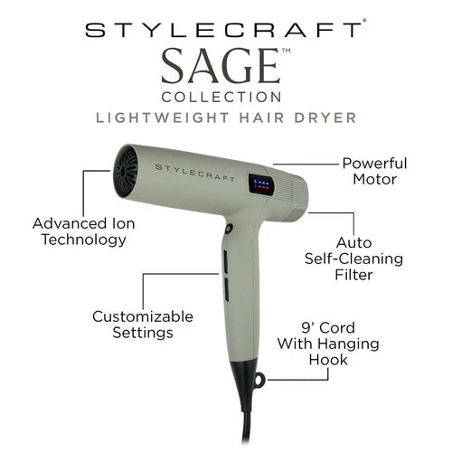 StyleCraft Sage Professional Hair Dryer w/ Digital Brushless Motor
